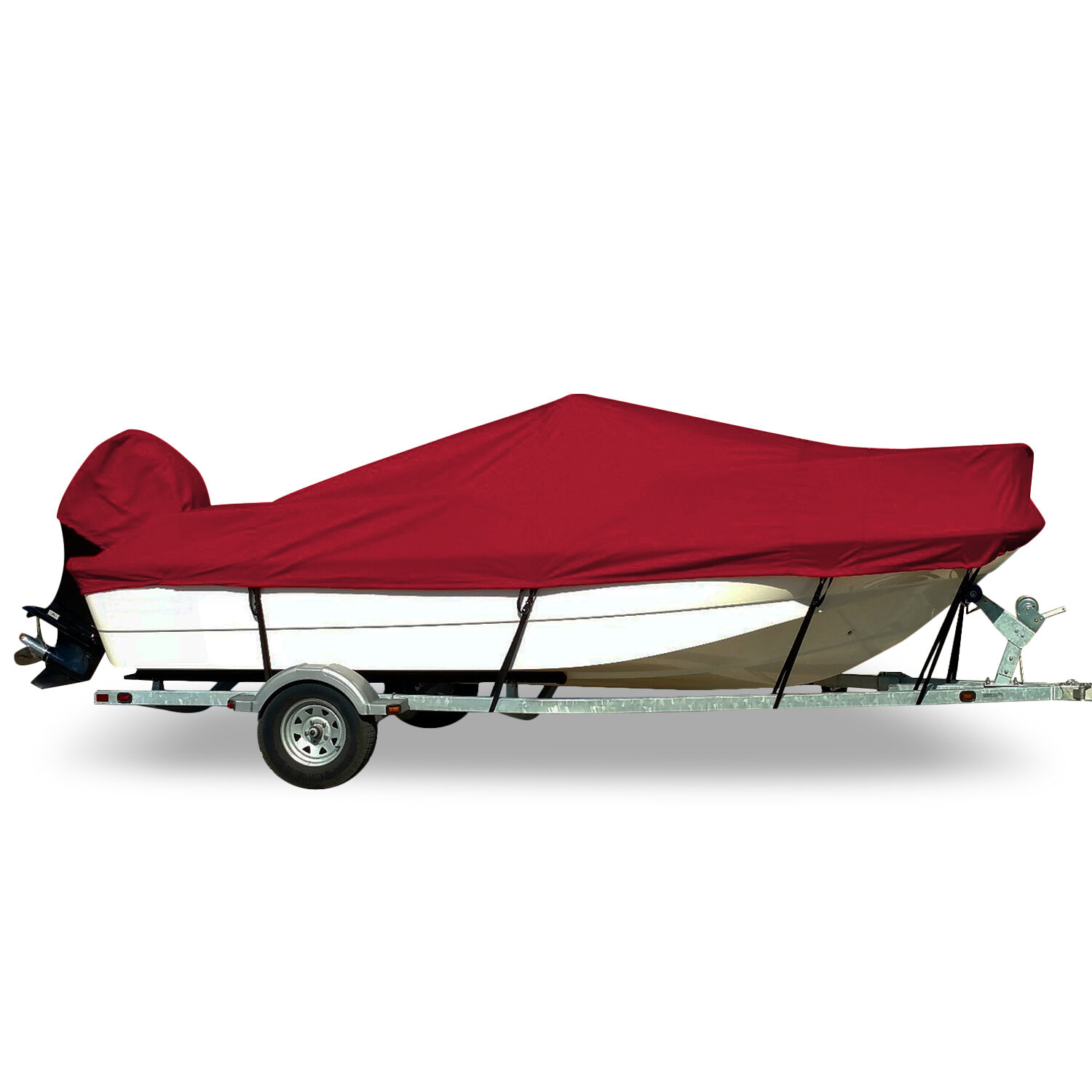 Red custom-fit boat cover on a Boston Whaler 170 Montauk with bow and side rails