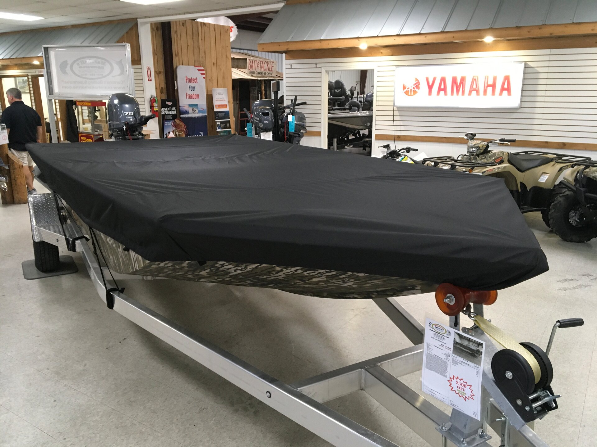 Custom-fit cover installed on Avid 18 Commander Outboard