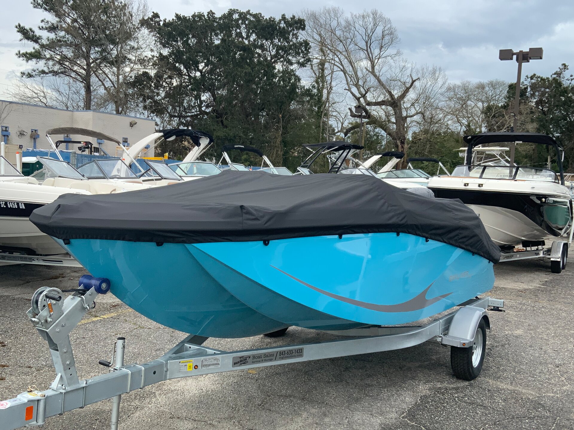 Custom-fit cover installed on Bayliner M19 DC Outboard