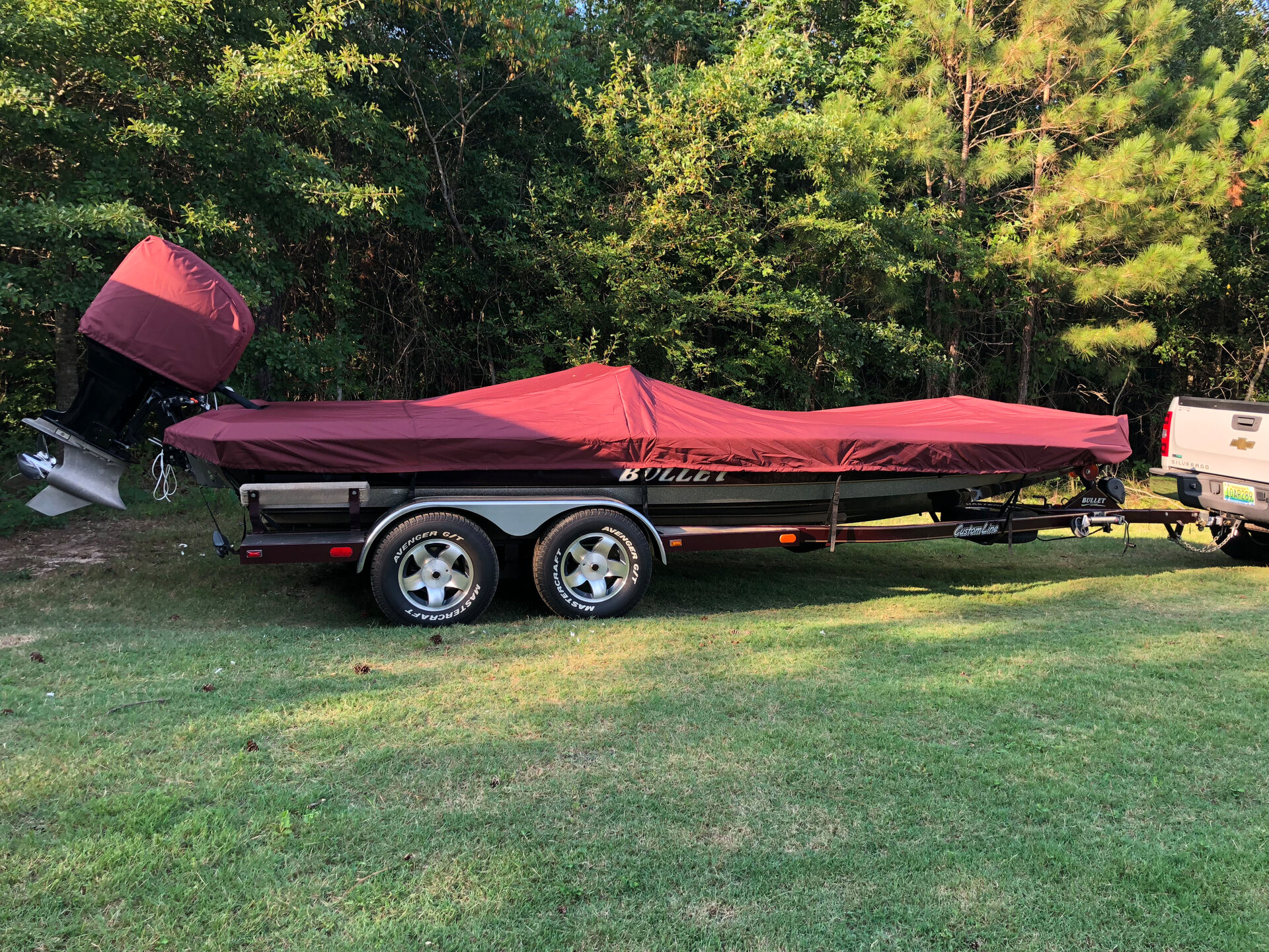 Custom-fit cover installed on Bullet 21 XDC Outboard