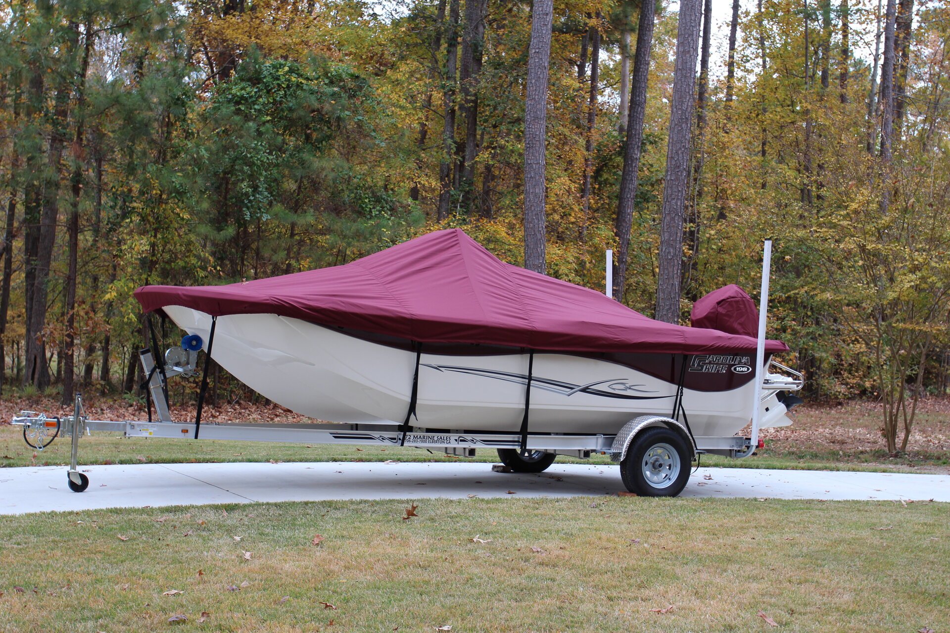 Custom-fit cover installed on Carolina Skiff DLV 198 CC Outboard
