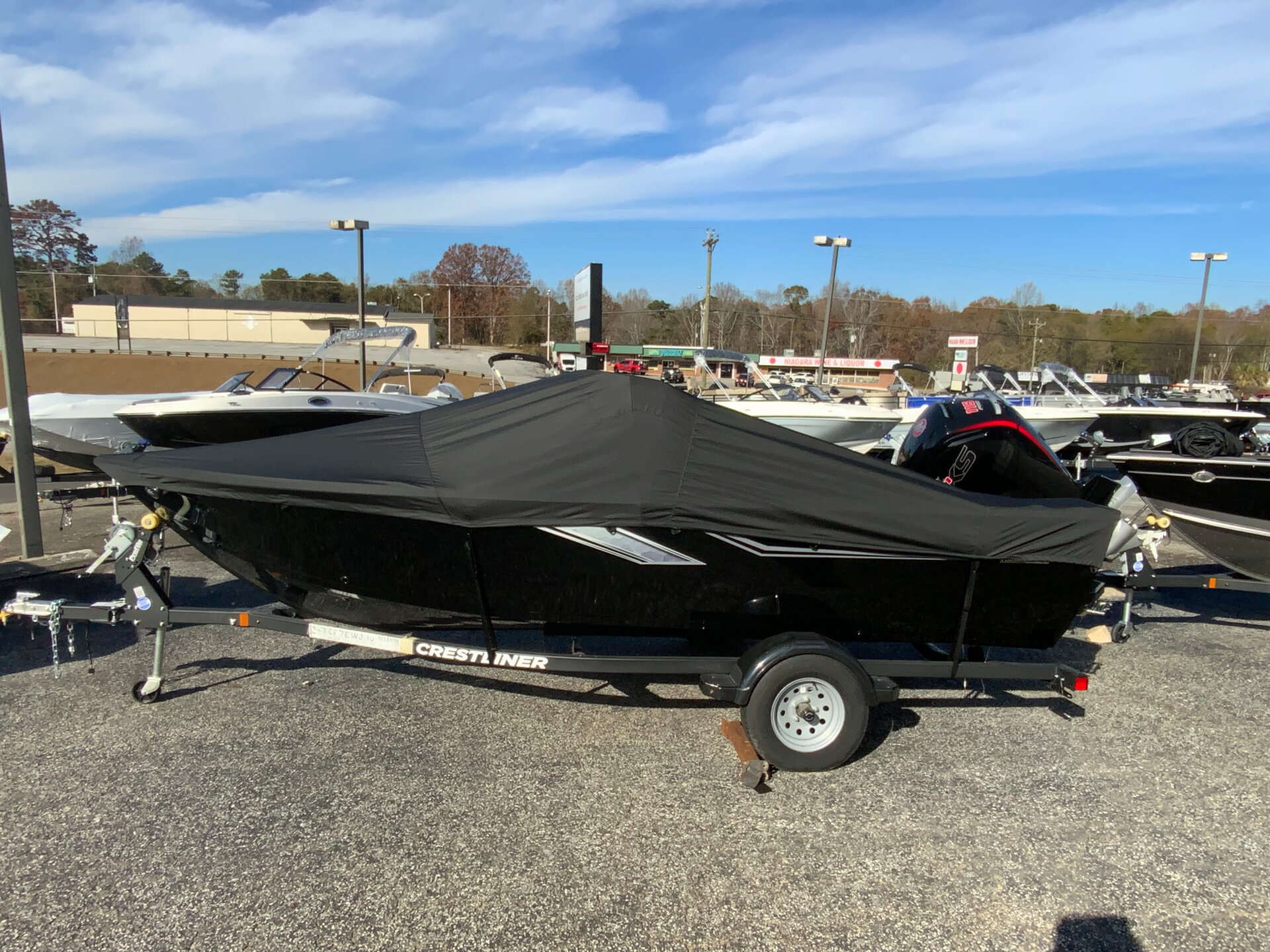 Custom-fit cover installed on Crestliner 1750 Fish Hawk SE DC Outboard
