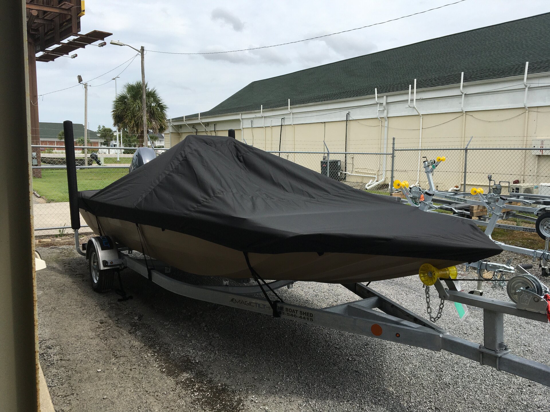 Custom-fit cover installed on Sea ARK Shadow 18 CC Outboard