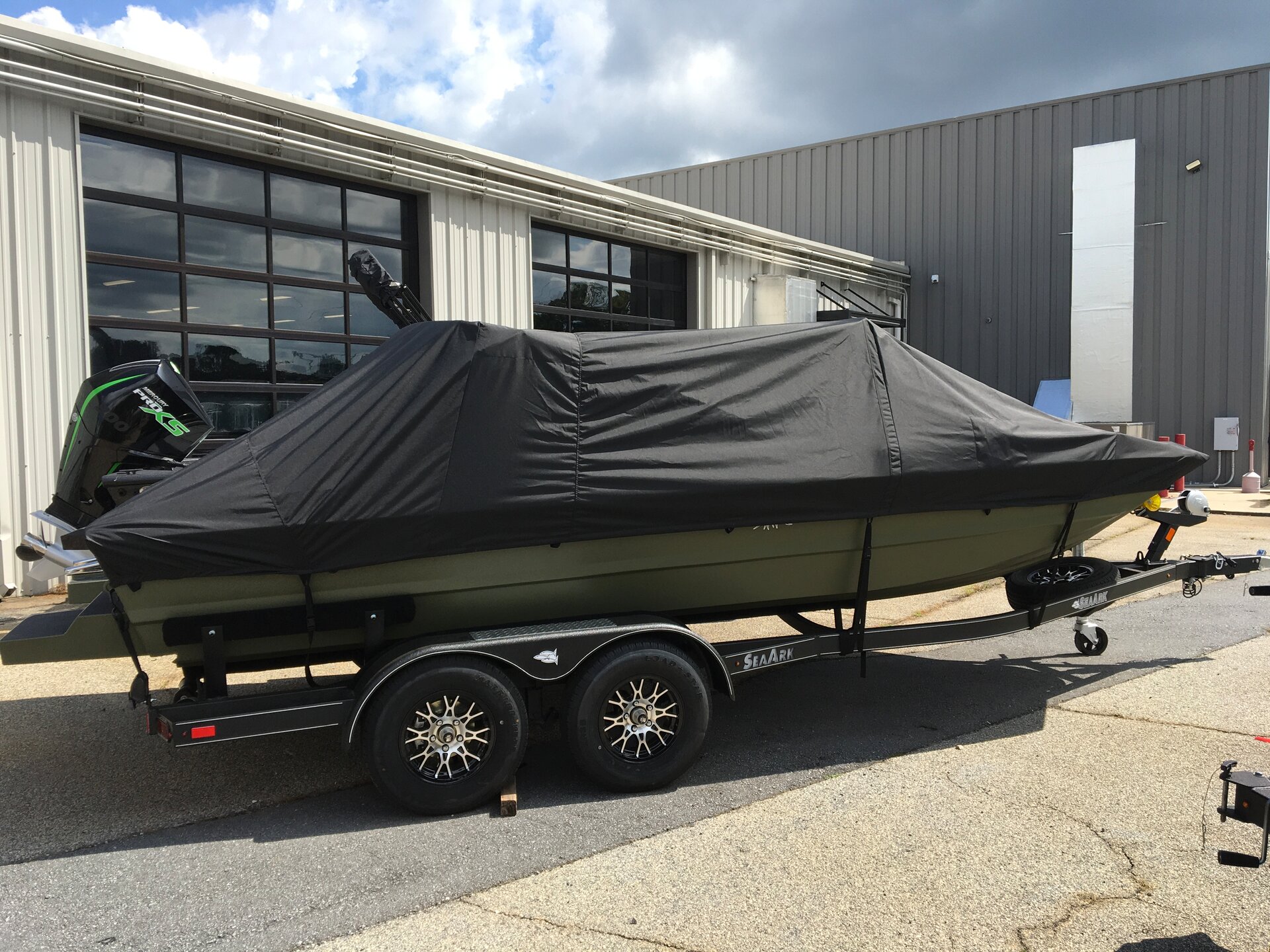 Custom-fit cover installed on Sea ARK Protege 200 Outboard