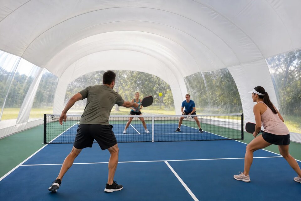 Four adults playing doubles pickleball inside a clear-sided air-supported dome