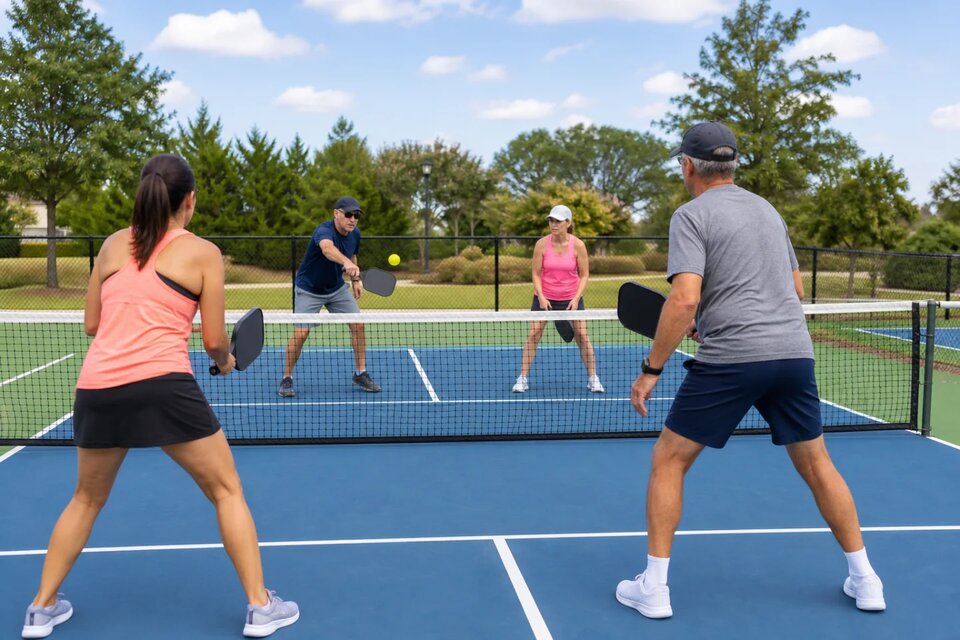 Four adults playing doubles pickleball on an uncovered outdoor court