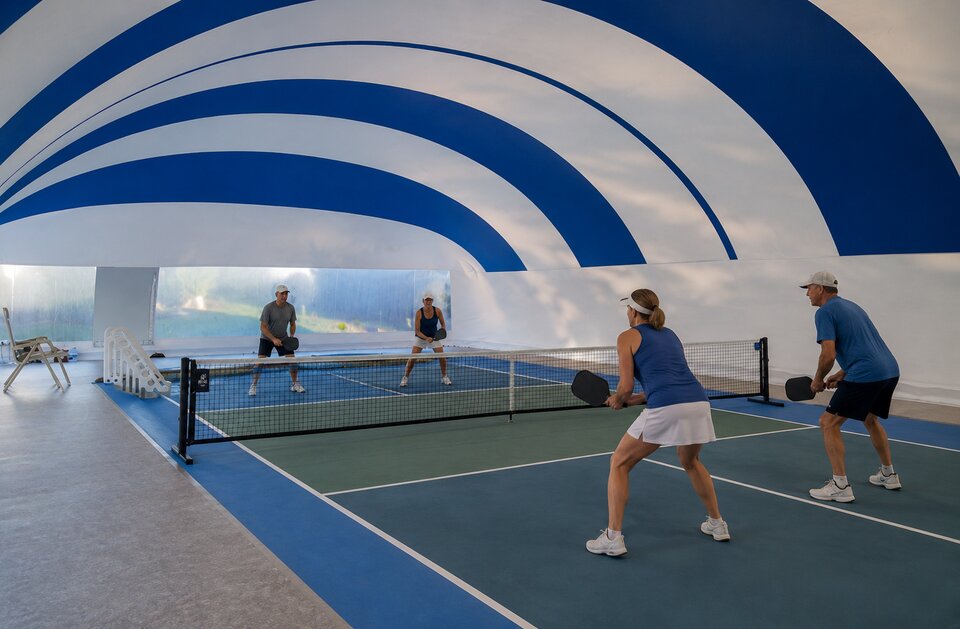 Four people playing pickleball inside a blue-and-white Ameri-Dome