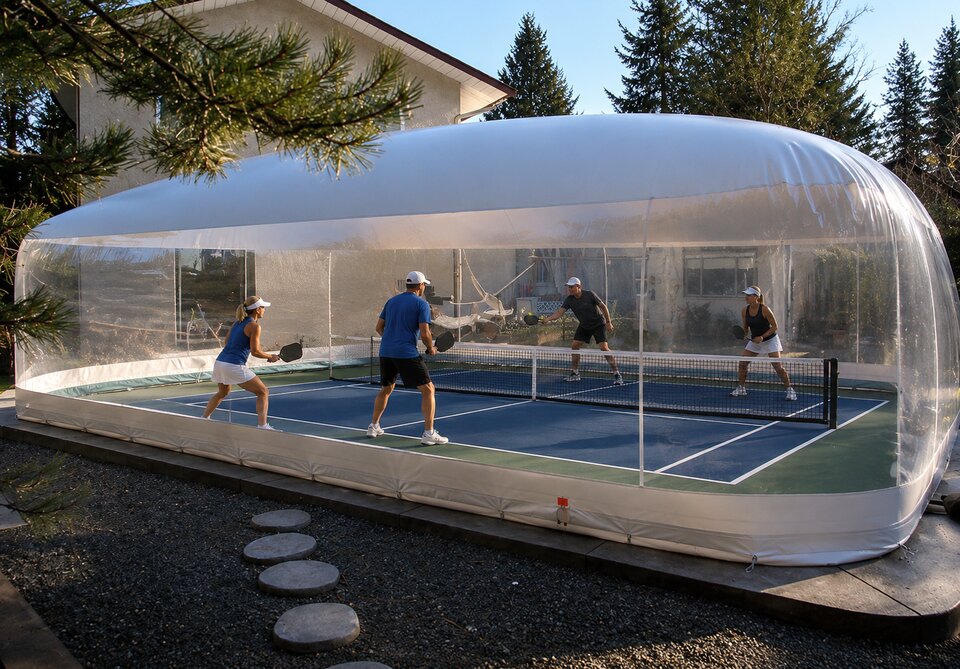 Pickleball dome set up for evening play with lighting