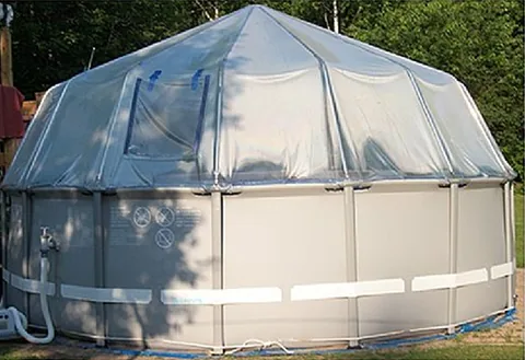 Side view of the cover and frame on a round soft-sided pool