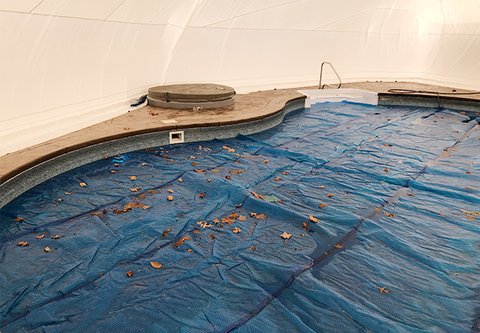 Covered pool and raised spa inside a white commercial dome