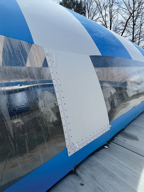 Blue pool dome - Exterior, longer side.