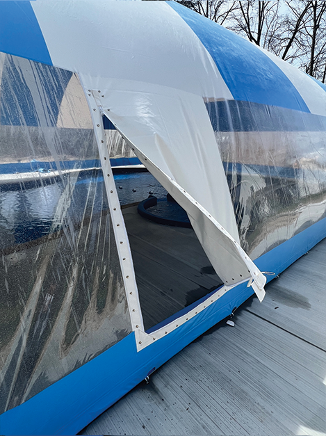 Blue pool dome - Exterior, shorter side.