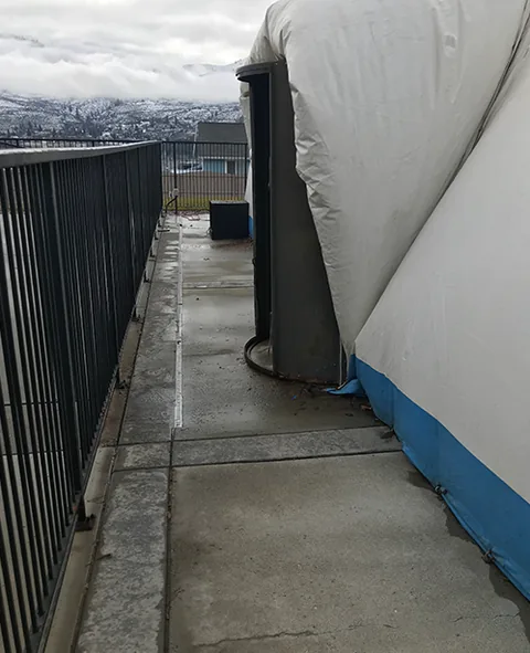 Blue and White Stripe Dome Exit View from the exterior side