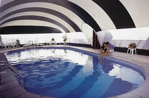 Large commercial dome with black and white striped roof
