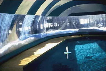 Interior view of a large, striped dome with clear walls