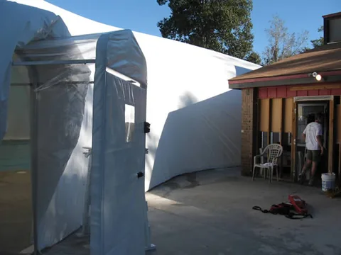 External view of the dome airlock and nearby YMCA building